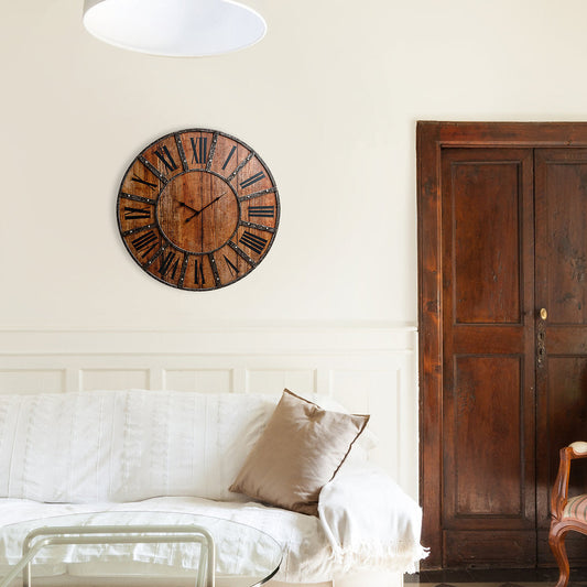 30" Rustic Wood Plank & Metal Frameless Farmhouse Wall Clock