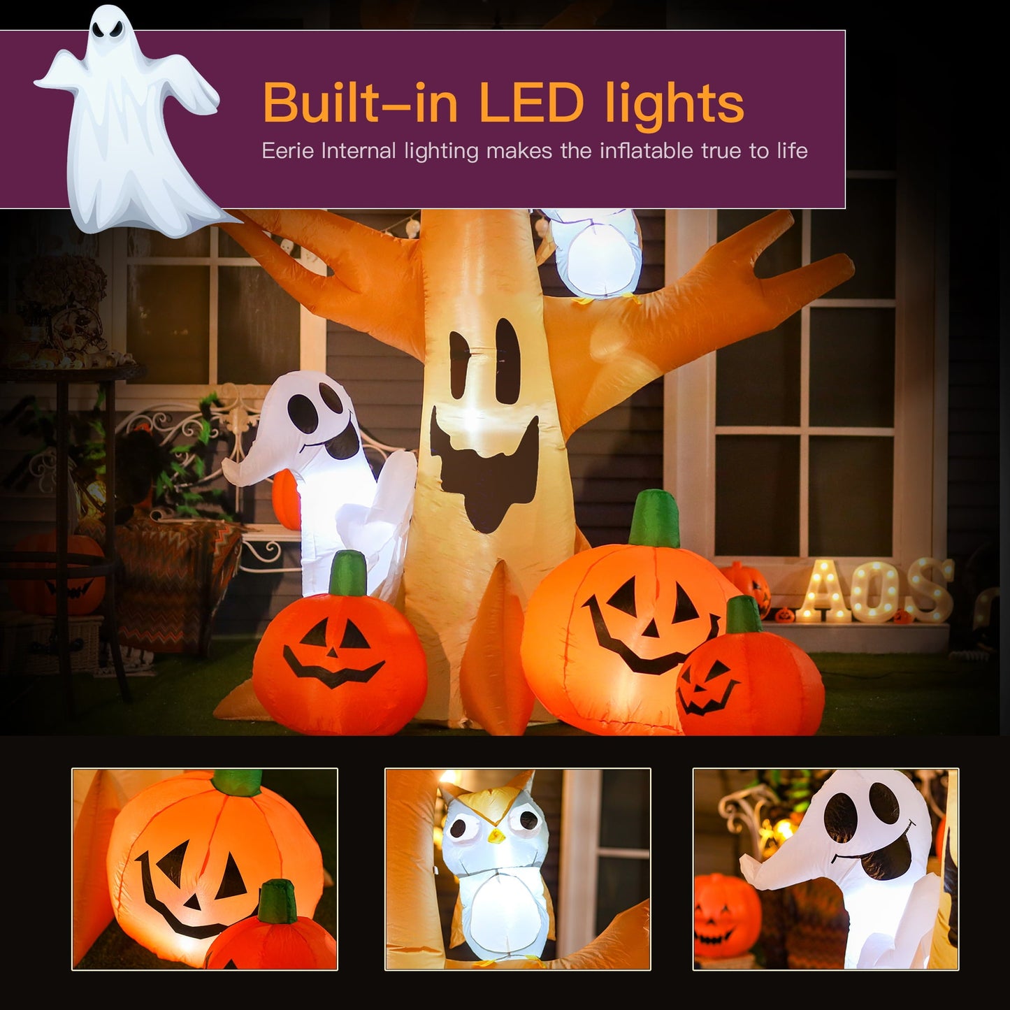 7.5' Haunted Tree Lighted Halloween Inflatable w/ Ghost, Owl & Pumpkins