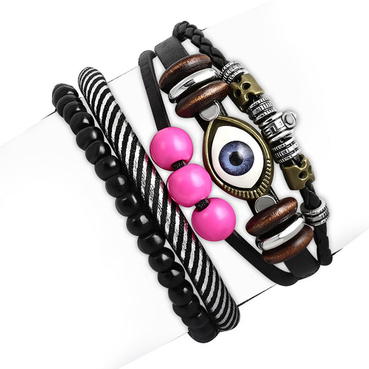 Fashion Pink Black Silver-Tone Leather Evil Eye Protection Bracelet