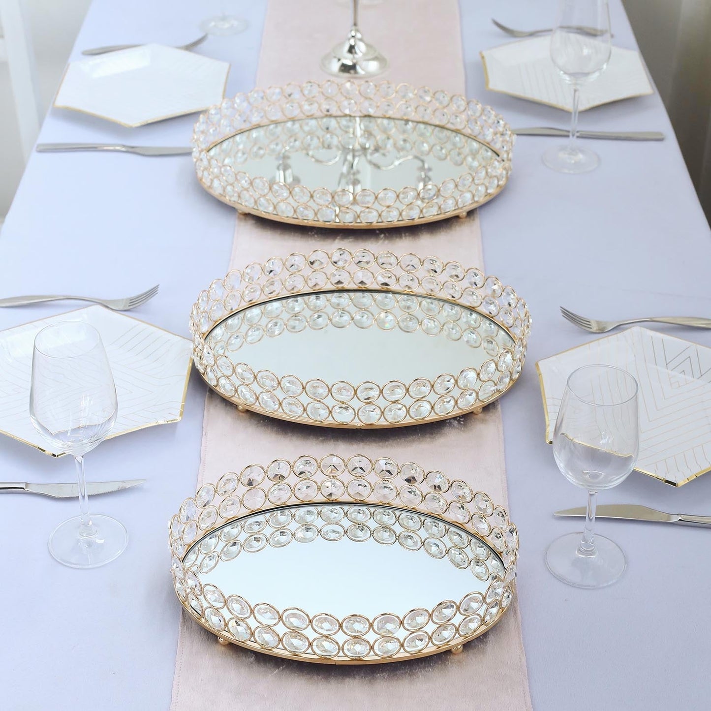 Gold Metal Crystal Beaded Decorative Serving Tray- Oval