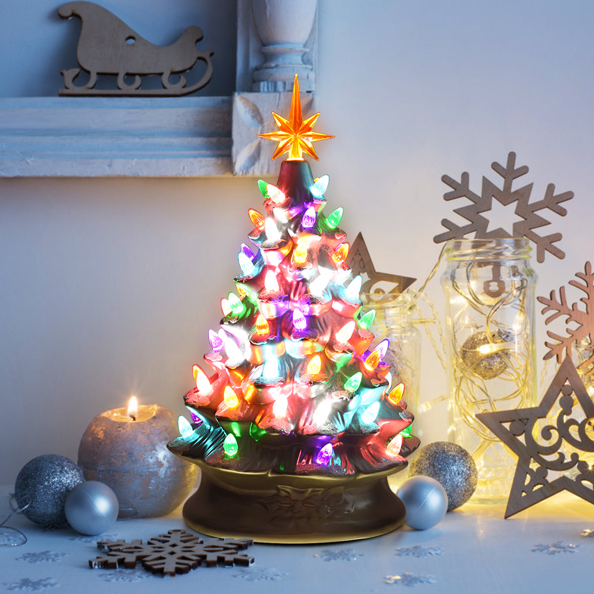 15''Pre-lit Hand-Painted Ceramic Tabletop Christmas Tree