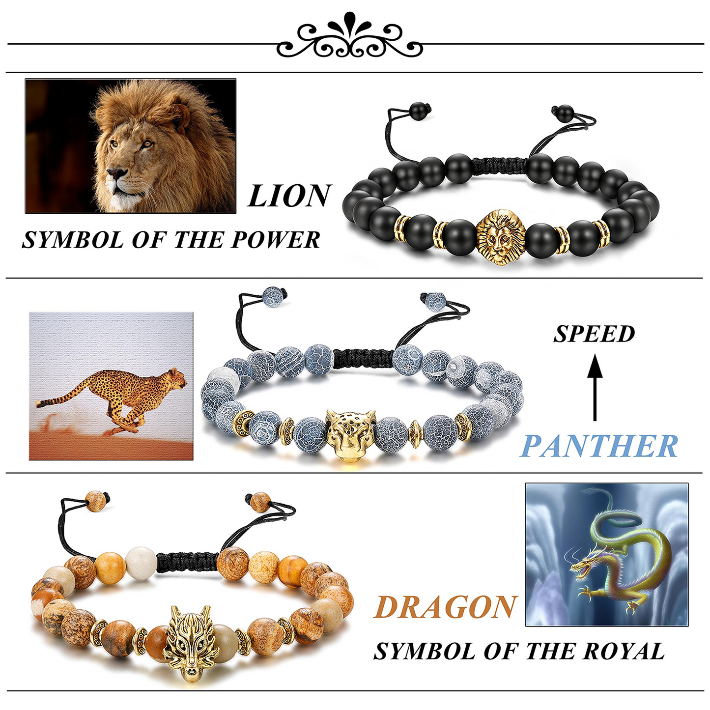 6PCS Mens Bead Bracelets Set Dragon/Lion/Panther Charm Natural Stone Bracelet, 8MM