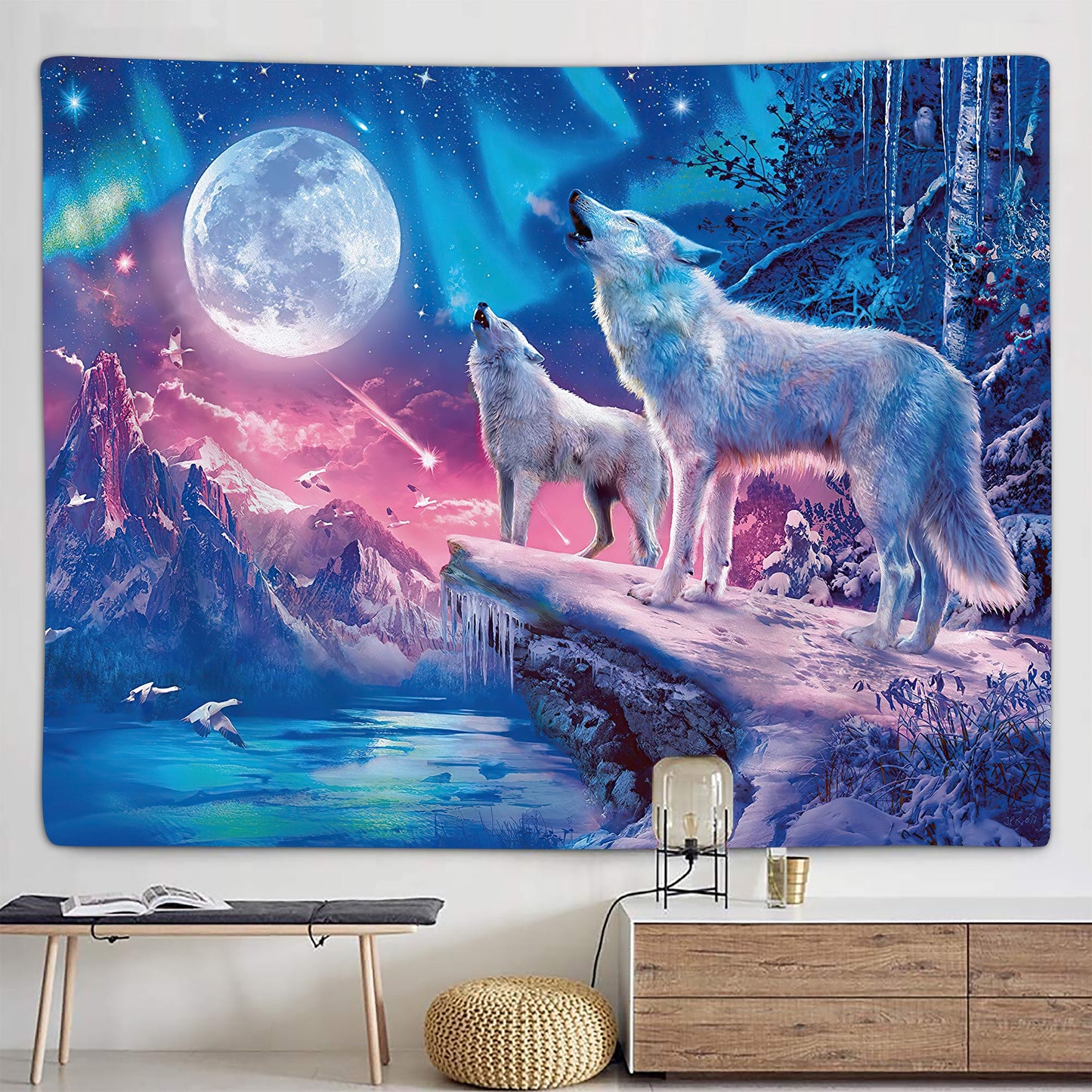 Aesthetic Blue Galaxy Mountain Fantasy Forest Wolf Moon Tapestry 60X40 inches