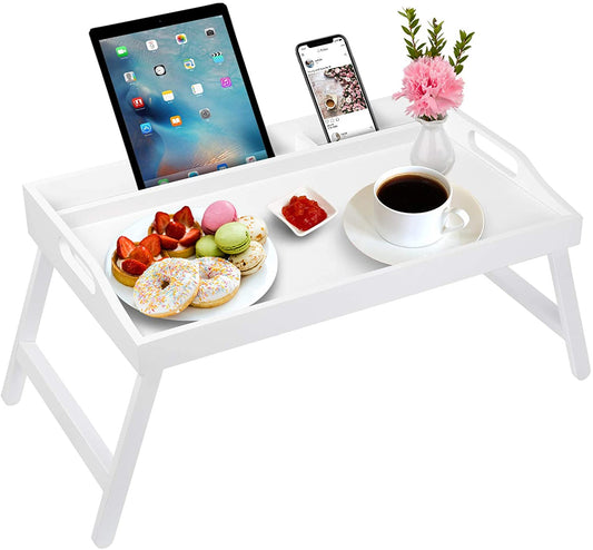 Bed Tray Table w/ Carrying Handles Folding Legs Bamboo & Phone Holder