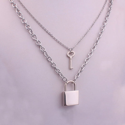 Silver Key Padlock Pendant Necklace For Women & Men