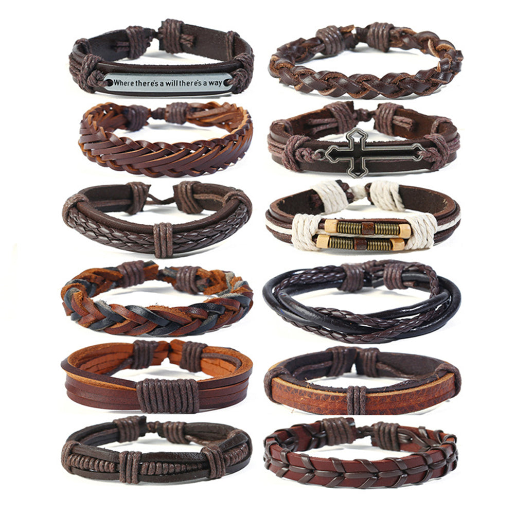 Pack Of 12 Vintage Men Leather Multi-Layer Braided Bracelets