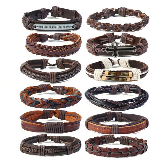 Pack Of 12 Vintage Men Leather Multi-Layer Braided Bracelets