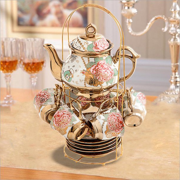 13 Pcs Cup Set,Ceramics Vintage Coffee Set - 6 Tea Cups 6 Saucers 1 Teapot &1 Golden Metal Stand