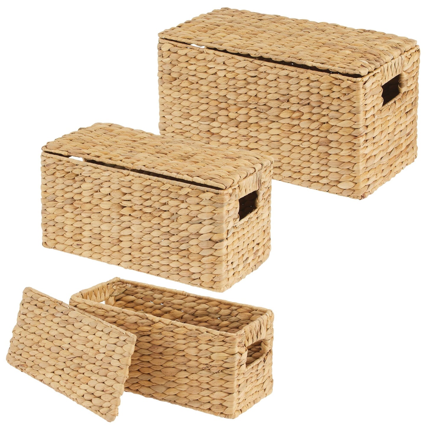 3 Natural Woven Water Hyacinth Organizer Basket Bin w/ Removable Lids