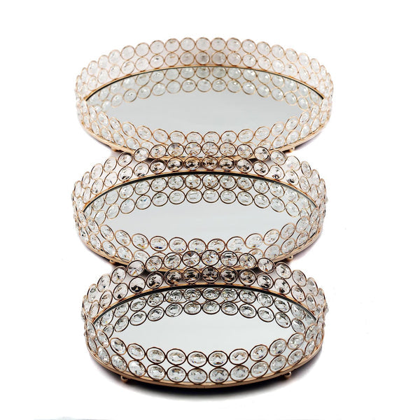 Set of 2 Gold Metal Crystal Beaded Decorative Serving Trays