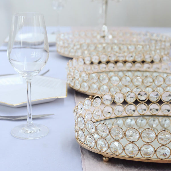 Gold Metal Crystal Beaded Decorative Serving Tray- Oval