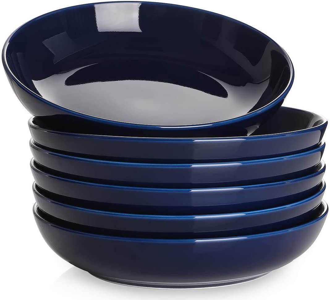 30 Ounces Large Porcelain Pasta, Salad, Soup Bowls, 6 Sets Blue