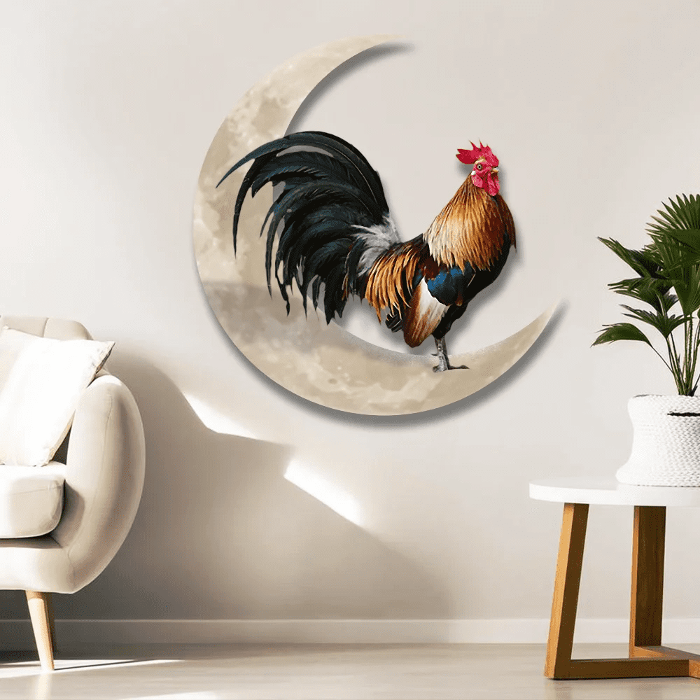 Metal Rooster & Moon Decoration