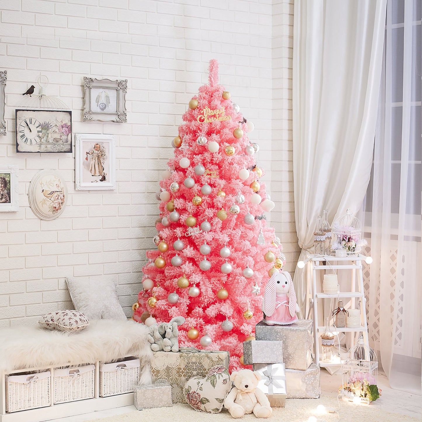 7ft Premium  Artificial Pre-Lit Christmas Tree w/  Ornaments & Star Topper