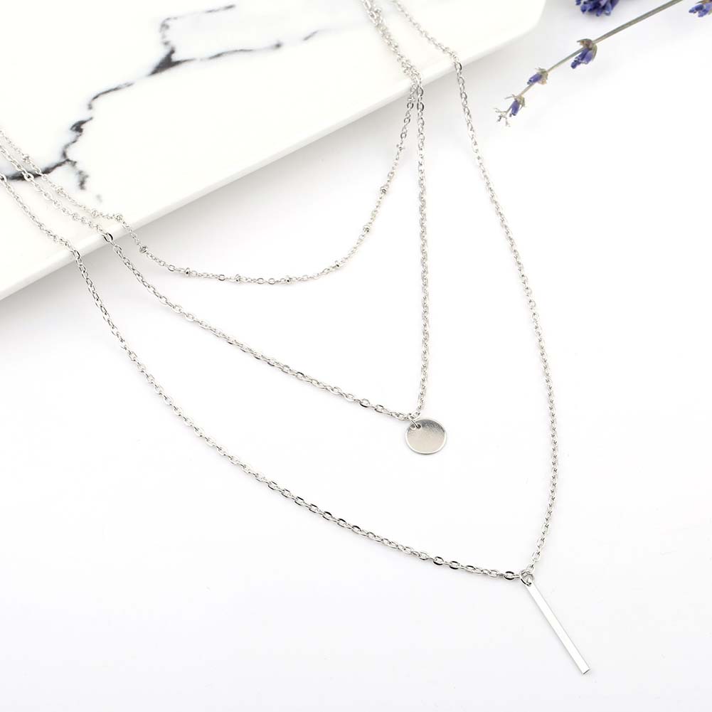 Women Necklace w/ 3 Layer Bar Round Pendant Punk Style