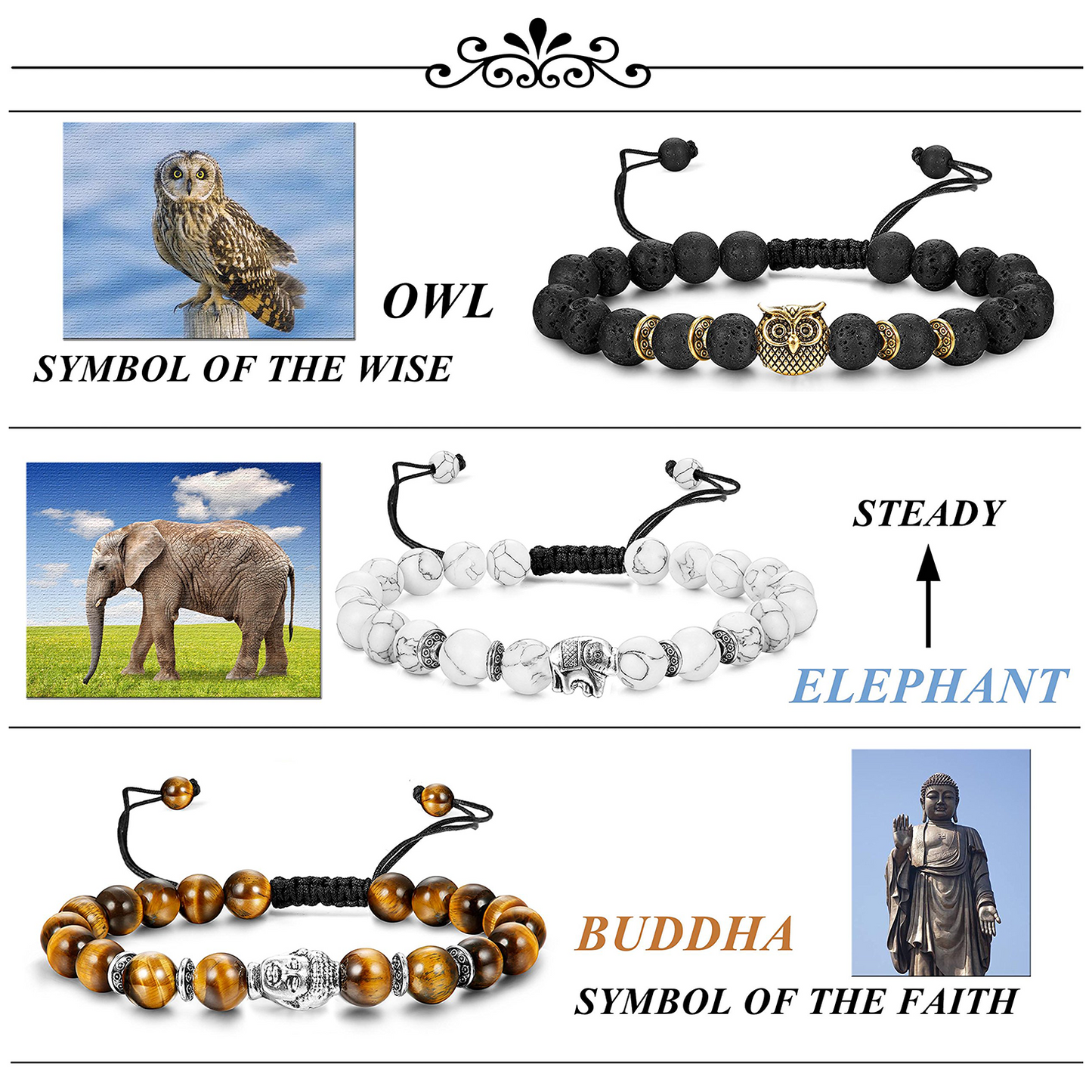 6PCS Mens Bead Bracelets Set Dragon/Lion/Panther Charm Natural Stone Bracelet, 8MM