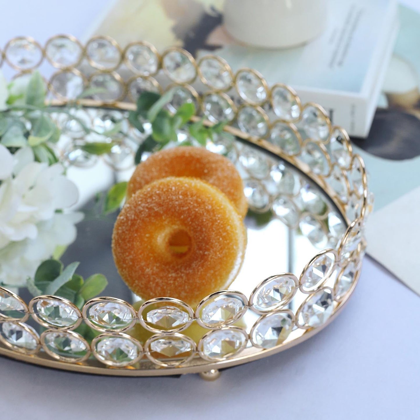 Gold Metal Crystal Beaded Decorative Serving Tray- Oval