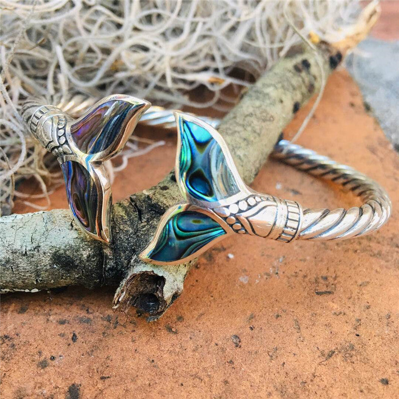 Abalone Shell & Silver Mermaid Tail Bangle Bracelet for Women