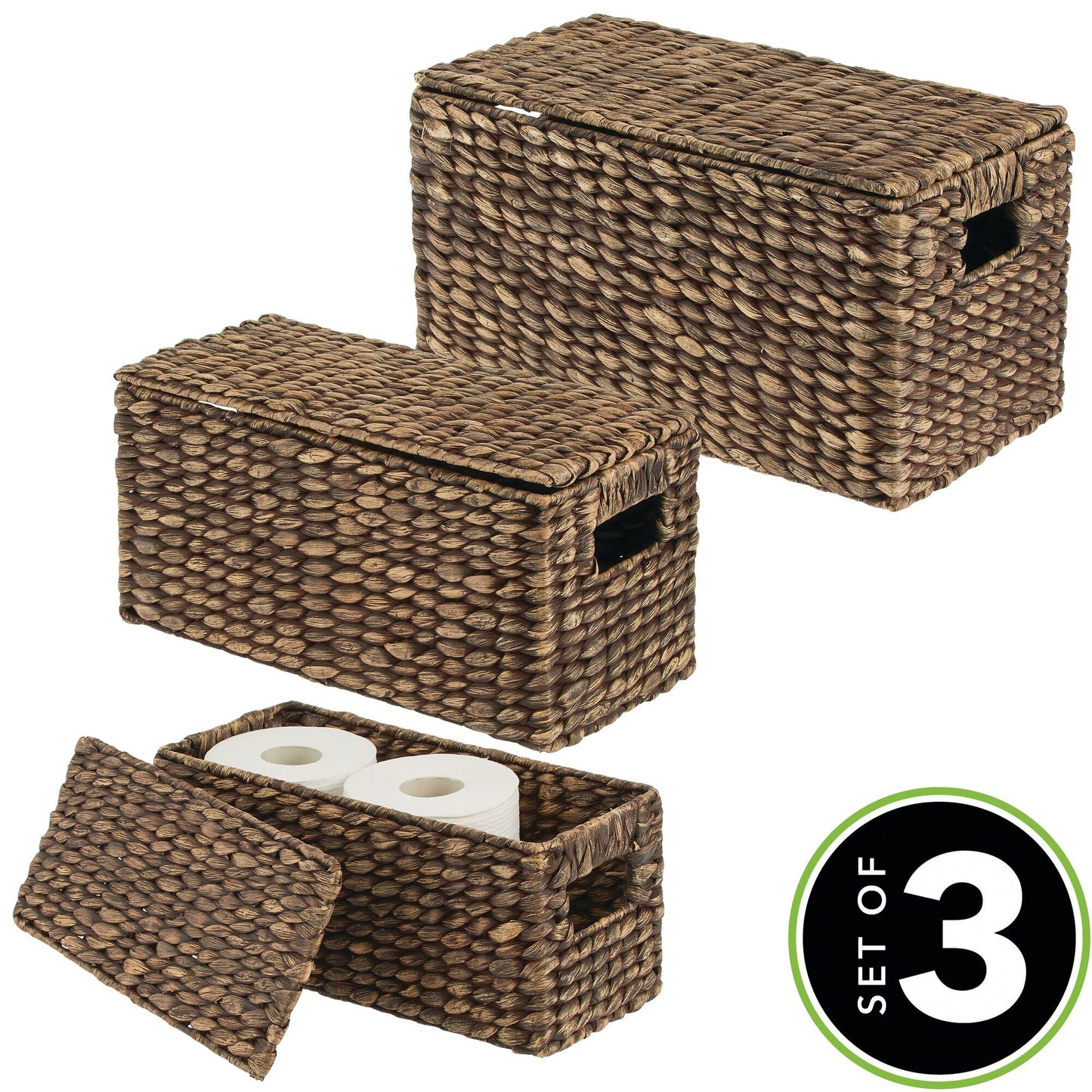 3 Natural Woven Water Hyacinth Organizer Basket Bin w/ Removable Lids