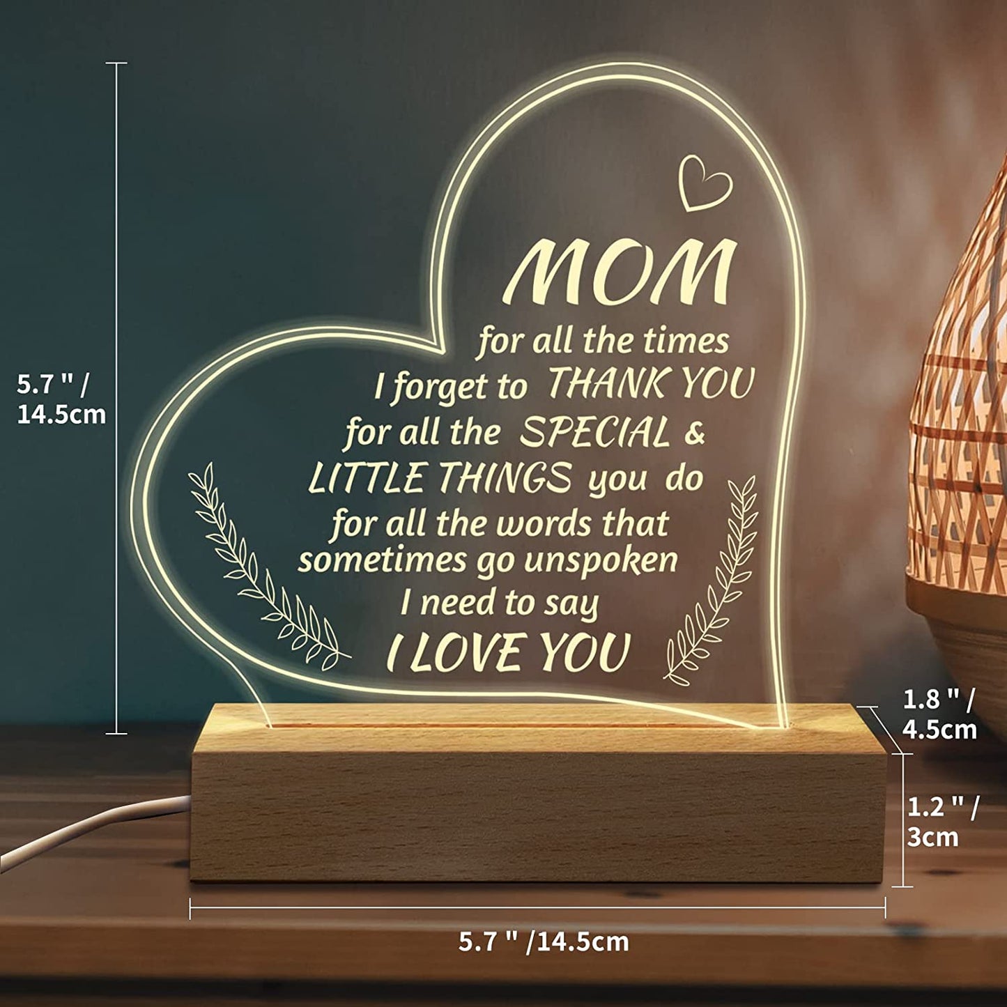 Mom Birthday Valentines Gifts Mothers Day, Acrylic Engraved Night Light 15*19CM