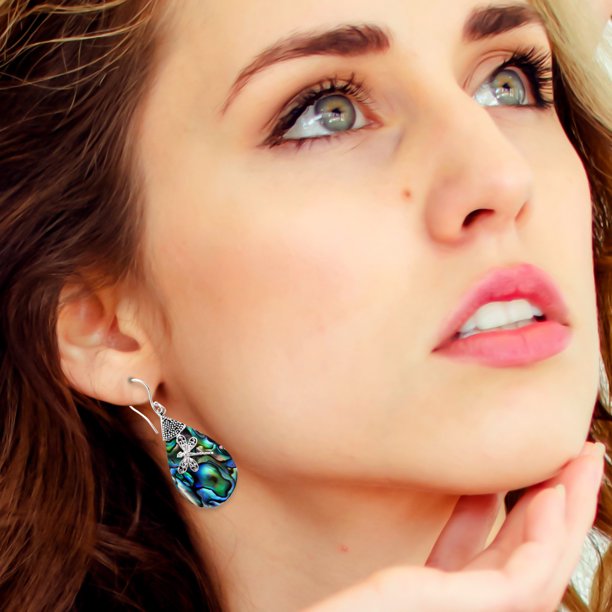 Dragonfly Dangle Drop Earrings Abalone Shell Sterling Silver for Women