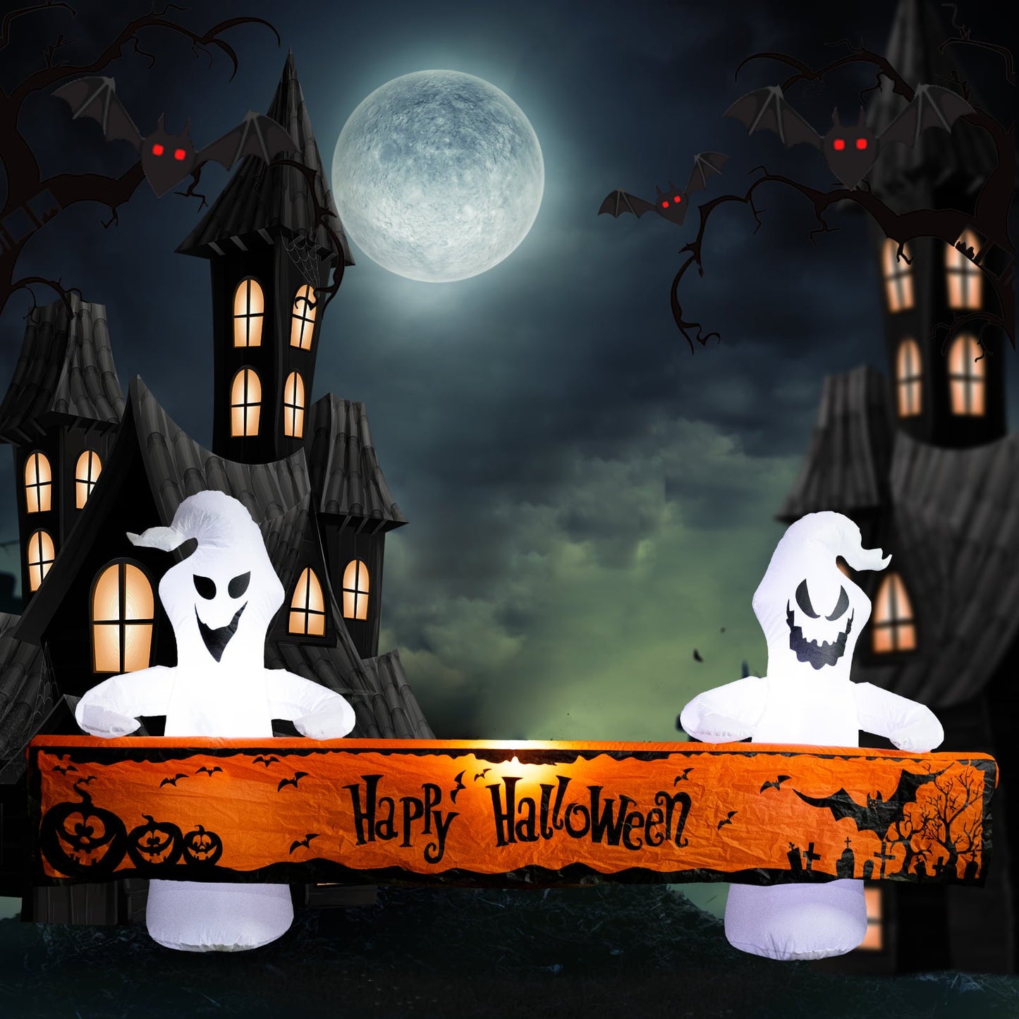 8 Ft Halloween Inflatable White Ghosts w/ Lighted Orange Banner