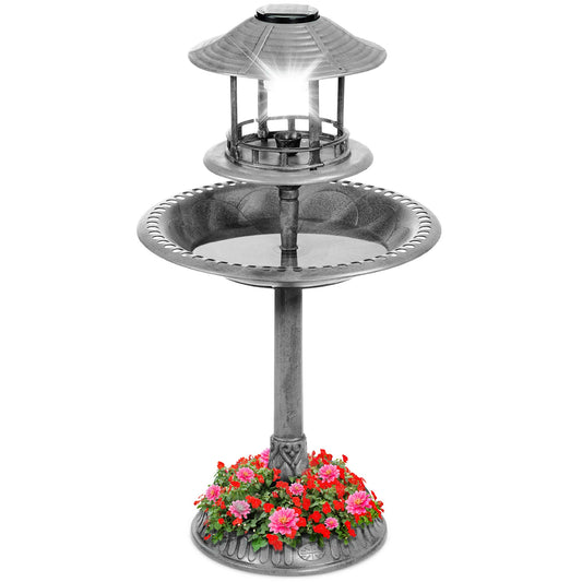 Solar Bird Bath Pedestal Fountain w/ Fillable Planter Base