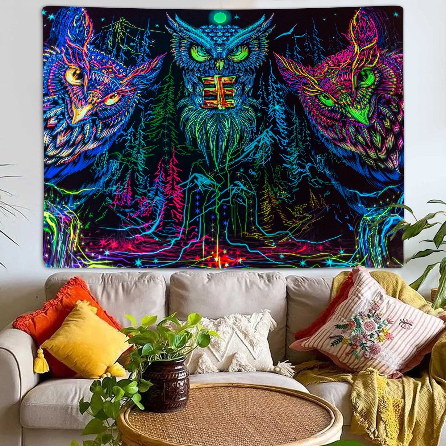 Psychedelic Trippy Blacklight Owl Witchy Forest Line Art Tapestry 60X40inches