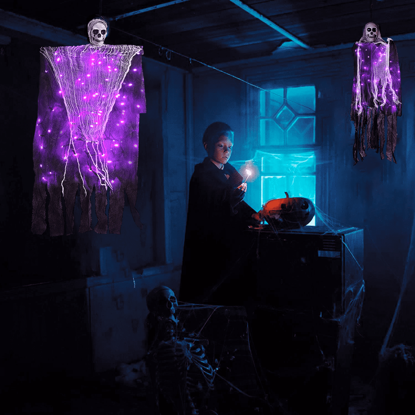 Hanging Halloween Ghosts Decorations w/ Purple String Lights