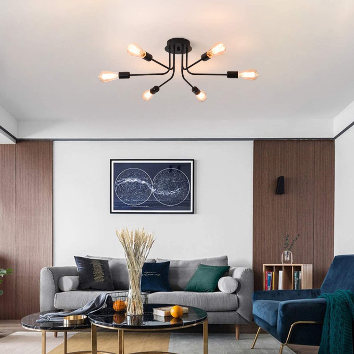 6-Light Semi Flush Sputnik Mount Ceiling Light Fixture