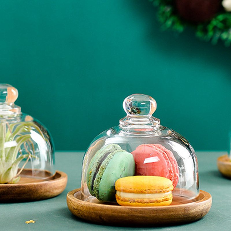 Clear Glass Dessert & Cheese Cloche Dome w/ Acacia Wood Serving Tray