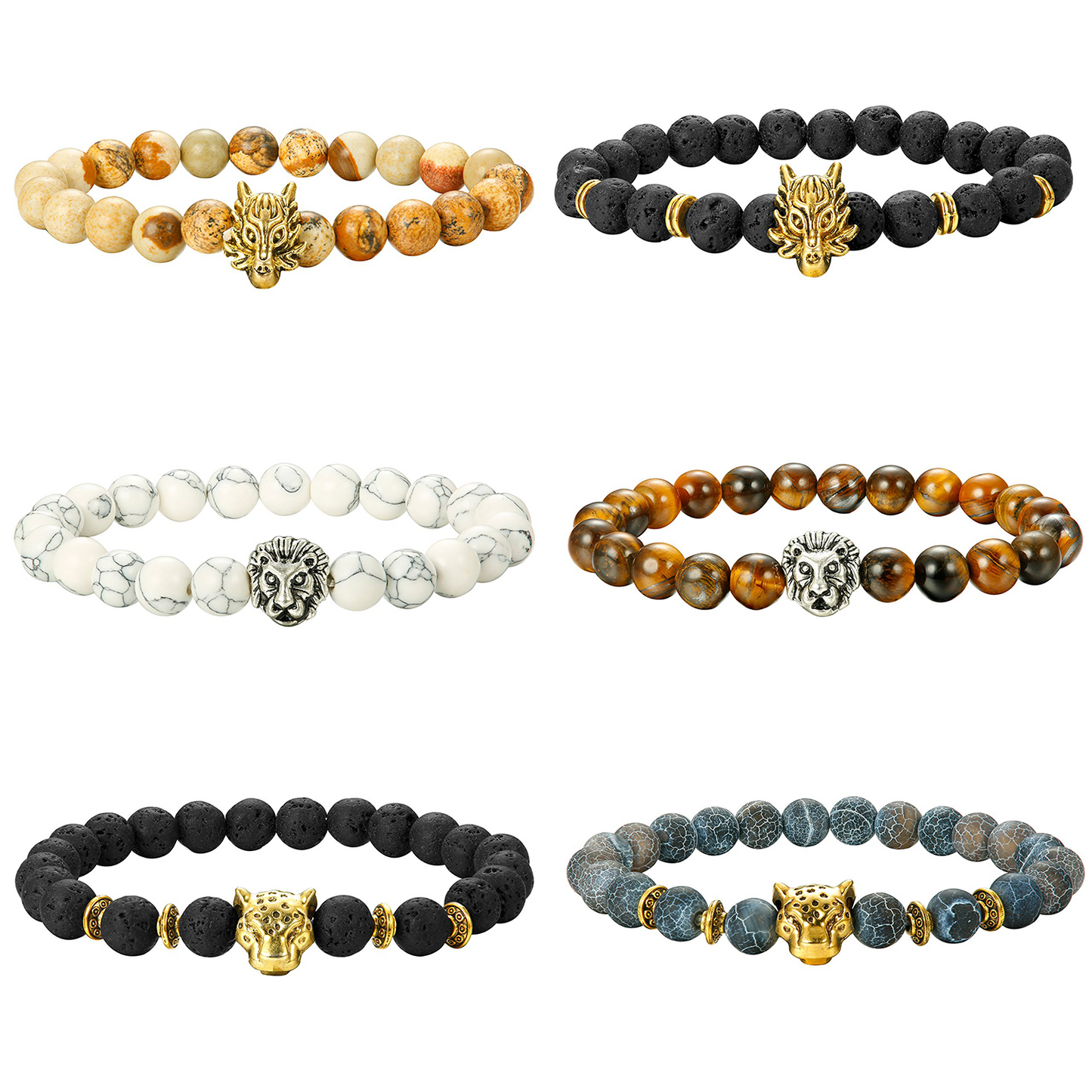 6PCS Mens Bead Bracelets Set Dragon/Lion/Panther Charm Natural Stone Bracelet, 8MM