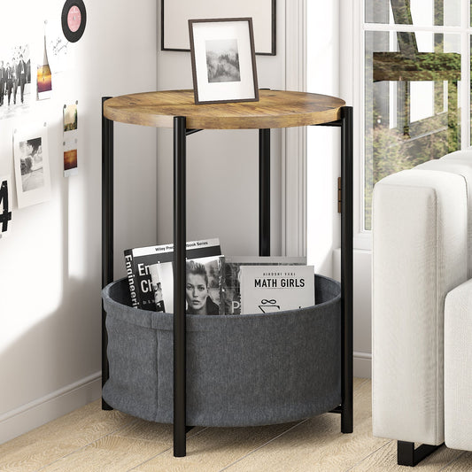 24'' Round End Sofa Side Table w/ Fabric Storage Basket