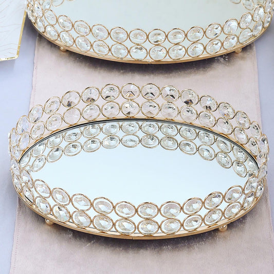 Gold Metal Crystal Beaded Decorative Serving Tray- Oval
