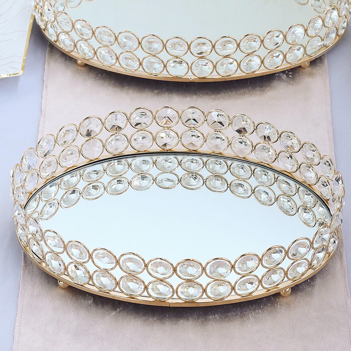 Set of 2 Gold Metal Crystal Beaded Decorative Serving Trays