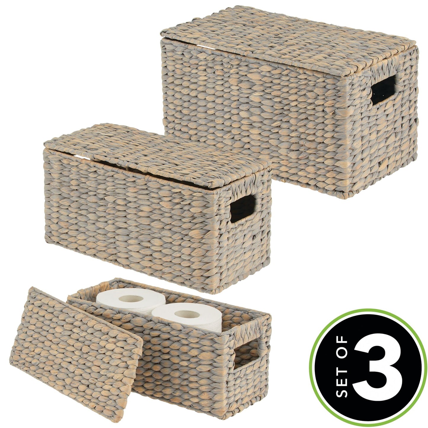 3 Natural Woven Water Hyacinth Organizer Basket Bin w/ Removable Lids