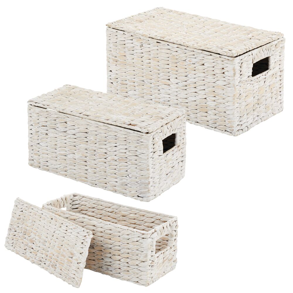 3 Natural Woven Water Hyacinth Organizer Basket Bin w/ Removable Lids