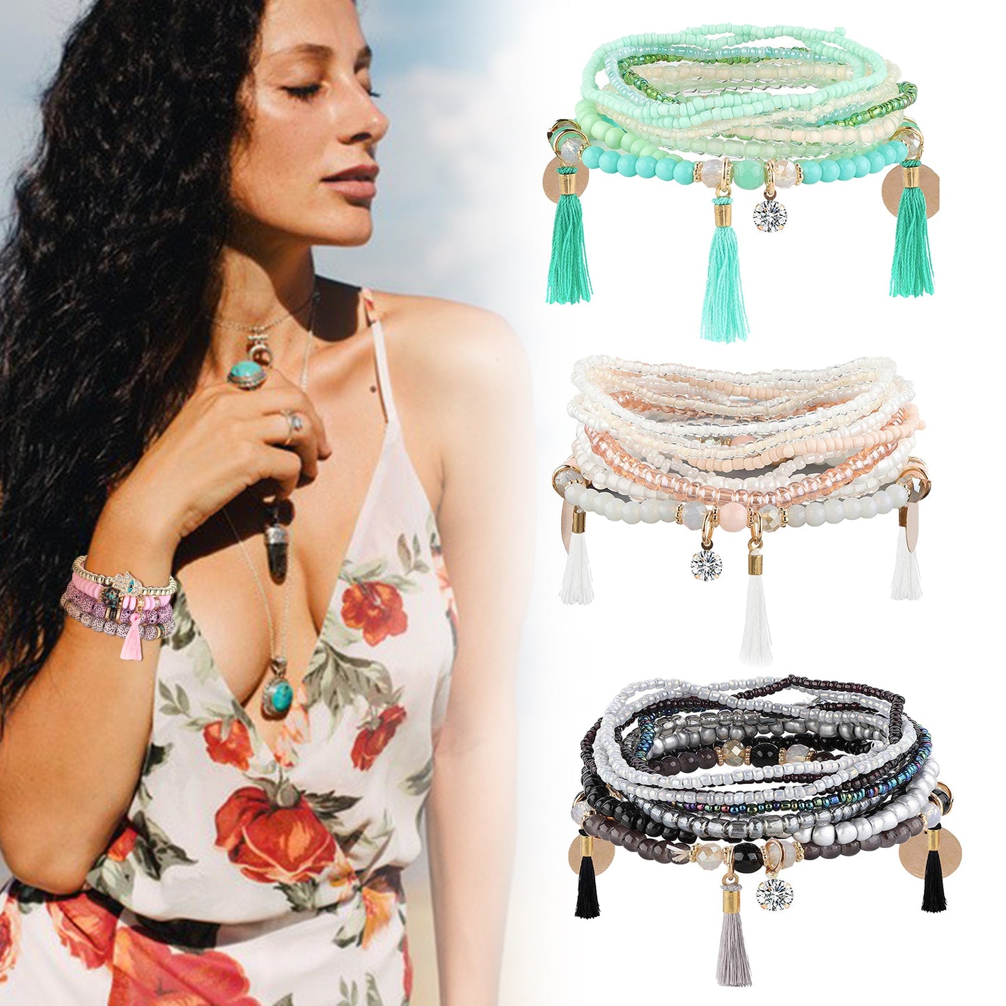 3-6 Sets Bohemian Beaded Multilayer Stretch Stackable Bracelet