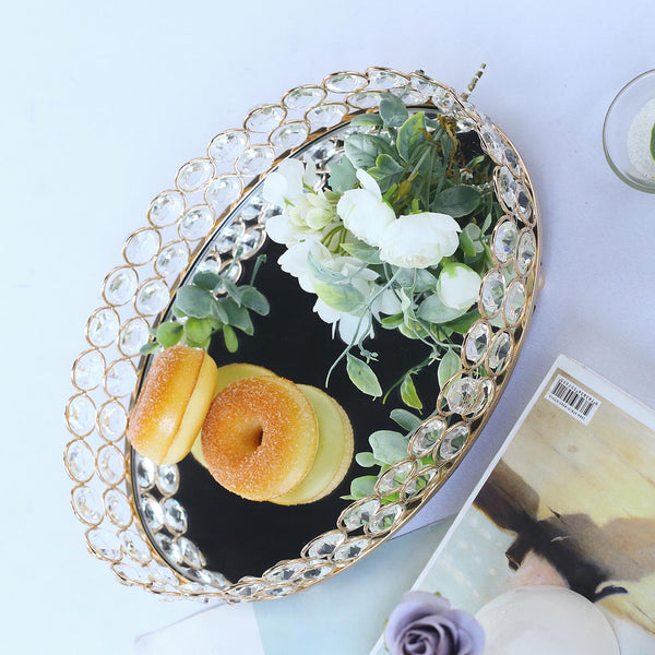 Gold Metal Crystal Beaded Decorative Serving Tray- Oval