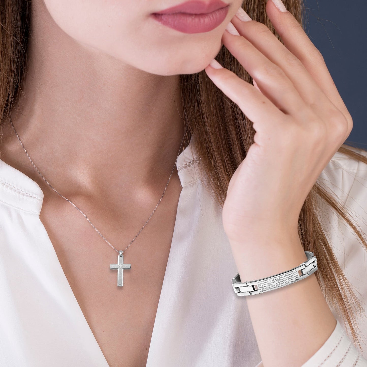 Women Stainless Steel Bracelet & Cross Pendant Necklace Set