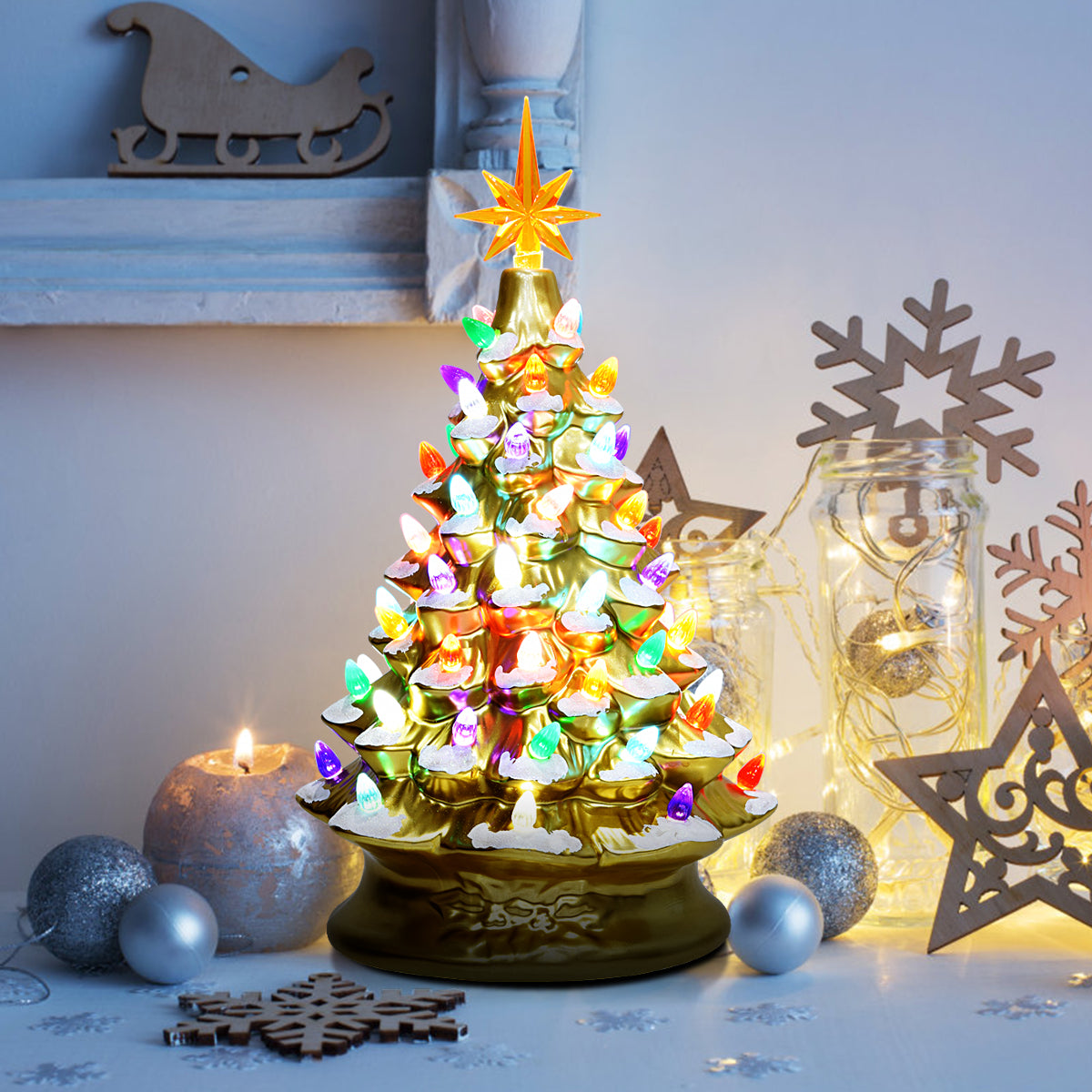 15''Pre-lit Hand-Painted Ceramic Tabletop Christmas Tree