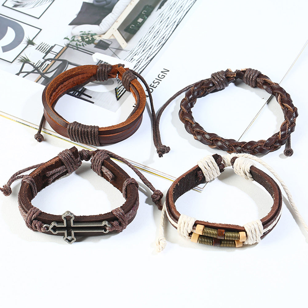 Pack Of 12 Vintage Men Leather Multi-Layer Braided Bracelets
