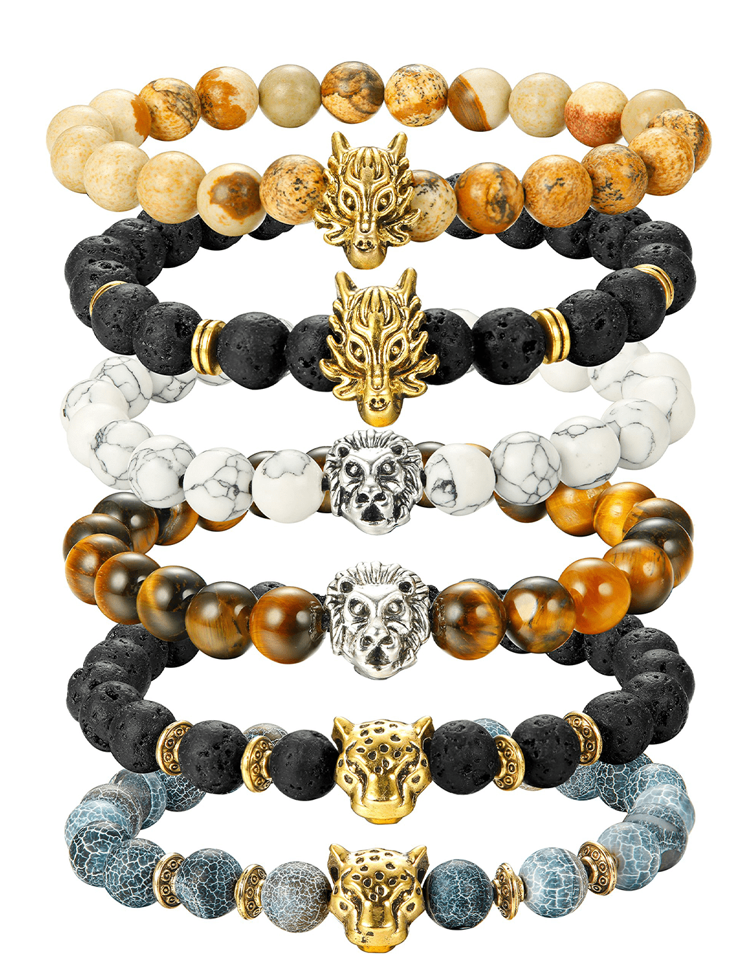 6PCS Mens Bead Bracelets Set Dragon/Lion/Panther Charm Natural Stone Bracelet, 8MM