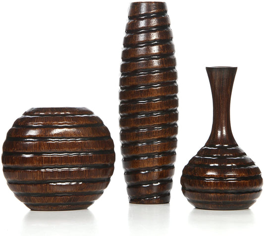 Set of 3 Carved Wood Vases