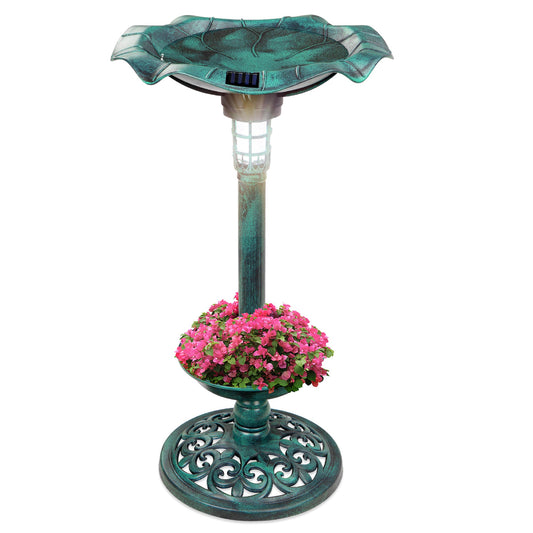 Solar Lighted Pedestal Bird Bath w/ Planter, Integrated Panel