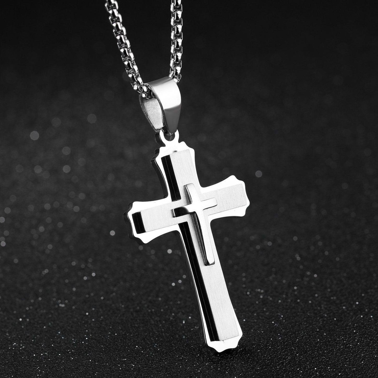 Stainless Steel Large Layered Cross Pendant Necklace, for Men