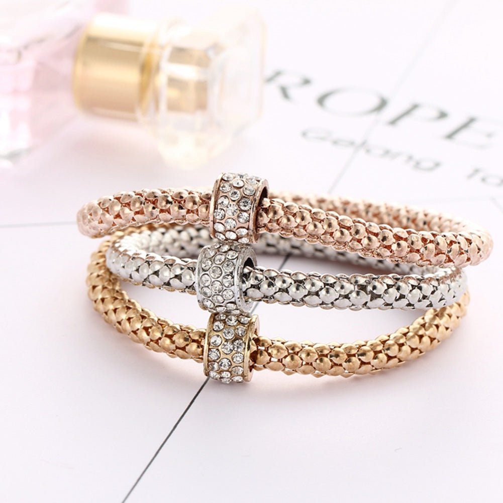 3Pcs 18K Gold Plated Rhinestone Bracelets Set For Women