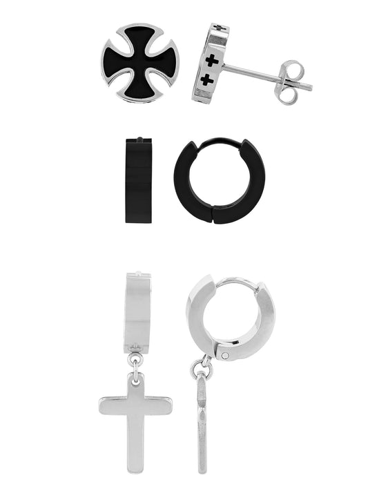 Men's Stainless Steel Cross Stud, Huggie Hoop, & Cross Drop Earrings -Set of 3