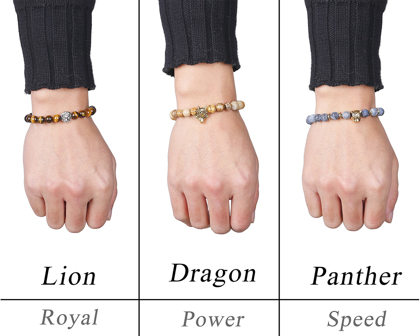 6PCS Mens Bead Bracelets Set Dragon/Lion/Panther Charm Natural Stone Bracelet, 8MM