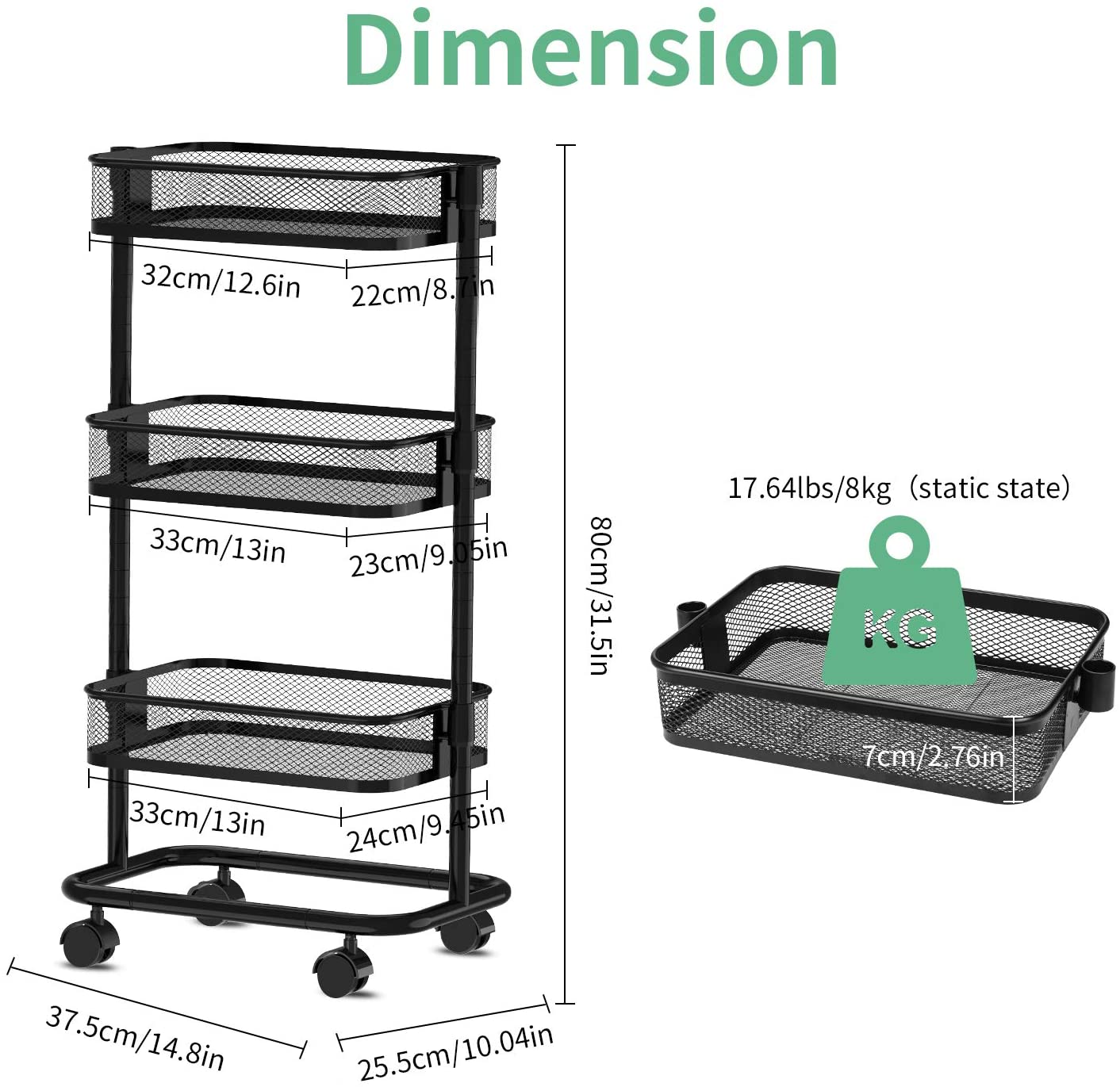 3-Tier Metal Rolling Utility Cart